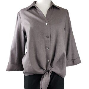 Anne Klein Button Up Small Taupe Tie Front Linen Blend Shirt NWT